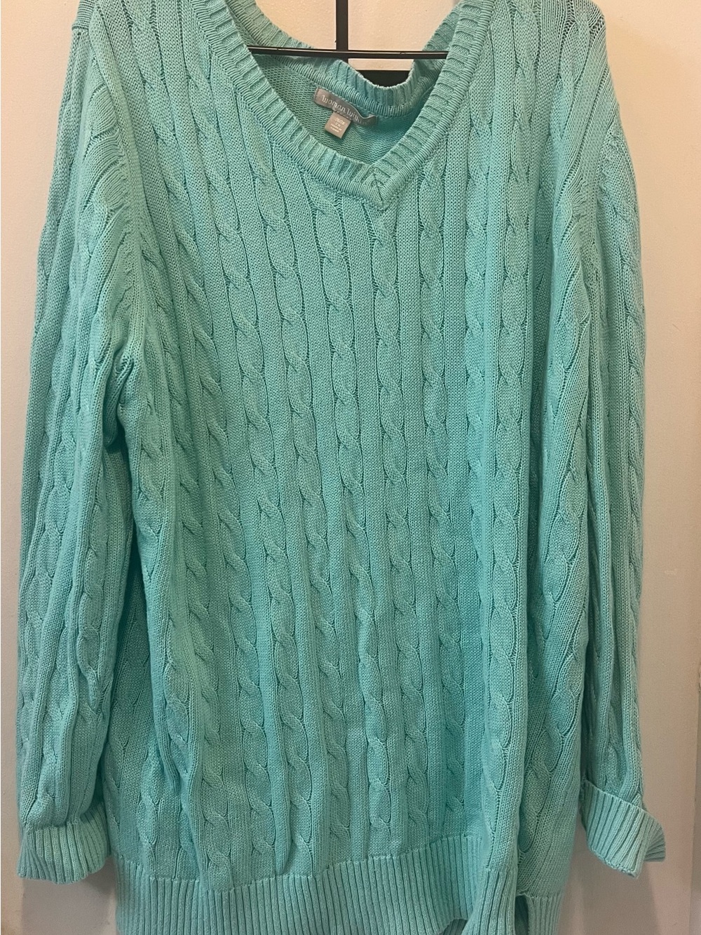 Woman Within Seafoam Cable-Knit V-Neck Sweater
